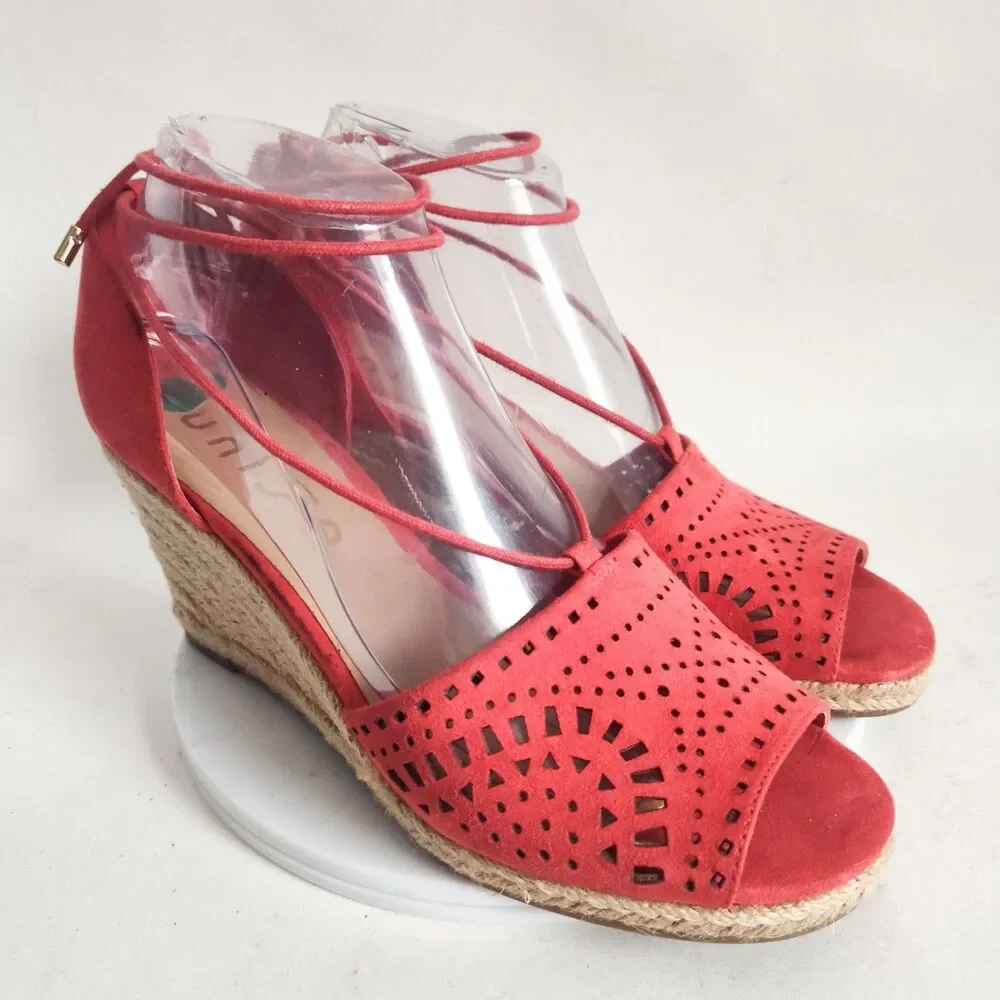 Unisa Red Laser Cut Women's Sandals Size 8 Espadrille‎ Wedge Open Toe Ankle Tie